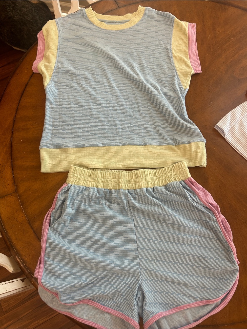 Pastel Blue & Yellow Women's Two-Piece Lounge Set with Pink Trim